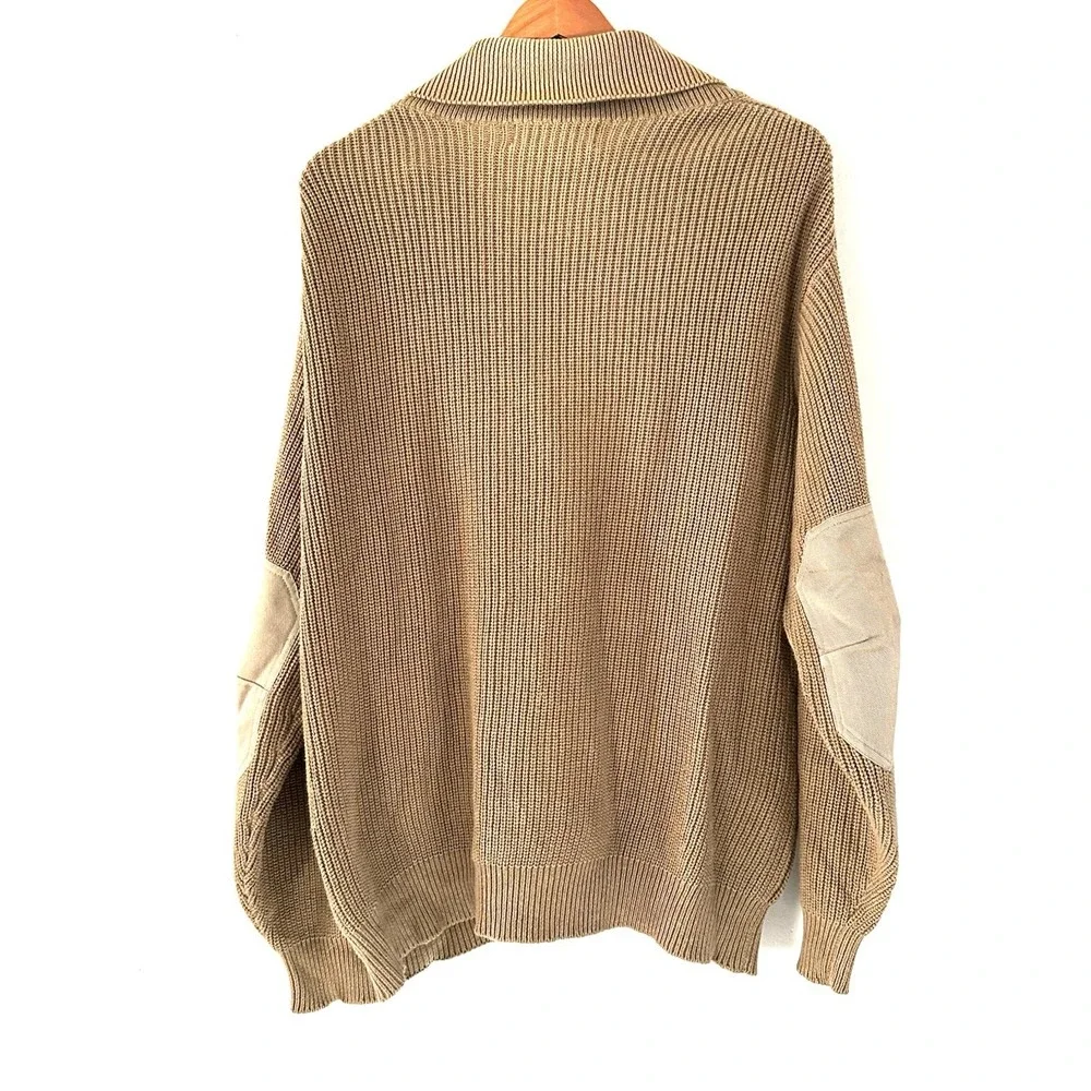 Vintage Orvis Ribbed Knit Sweater Men Size XL Khaki Military Shawl Elbow Patches